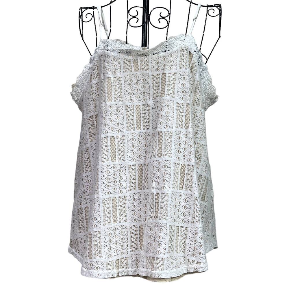 Ember Dressy Lace Trimmed Tank Top Keyhole Adjustable Straps Medium Cream Beige